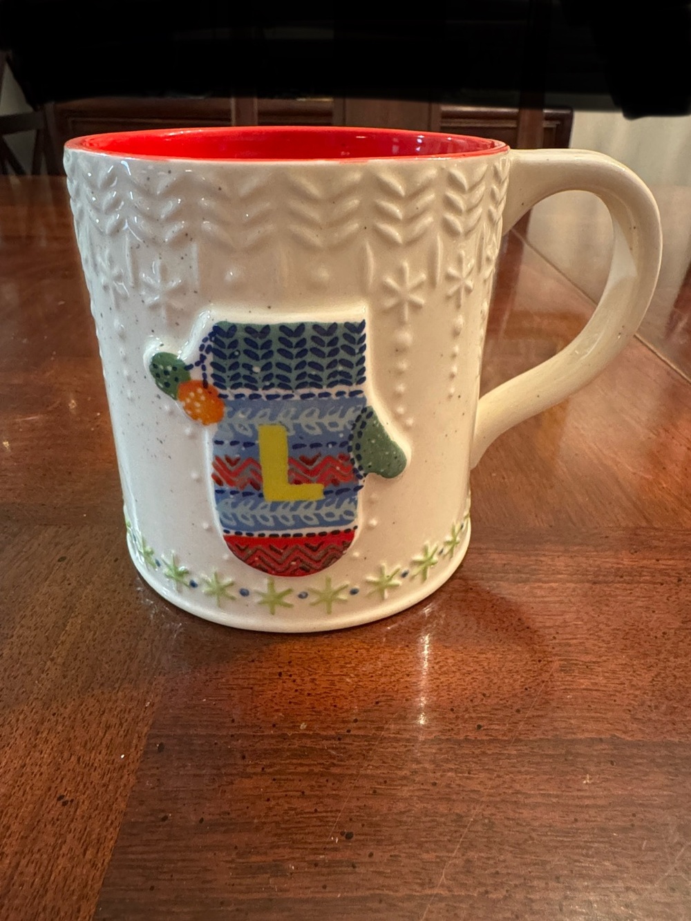 Anthropologie Letter L Monogram Christmas Winter Mitten Large Coffee Mug White